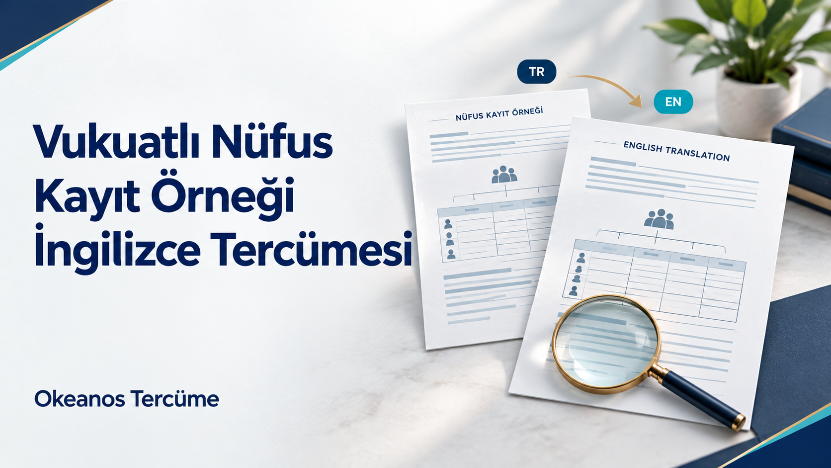 Türkçe nüfus kayıt örneği ve İngilizce tercümesini temsil eden belgelerle Okeanos Tercüme kapak görseli